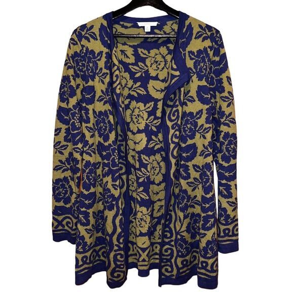 Isaac Mizrahi Live Sweater Womens XS Navy Olive Floral Open Cardigan - Picture 1 of 10